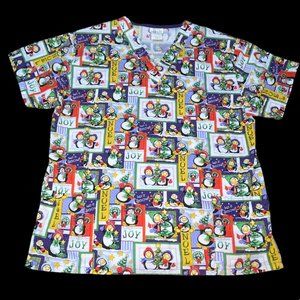 White Swan Penguin Noel Joy Snow Winter Holiday Christmas Scrub Shirt Sz Medium